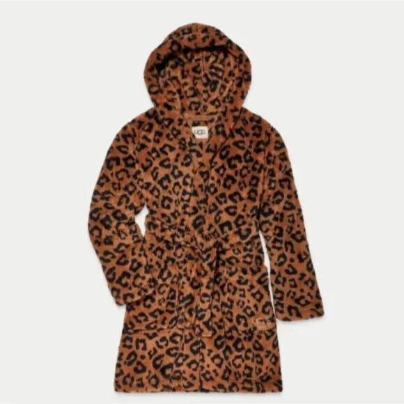 UGG Women's Aarti Leopard Print Hooded Robe Fluffy Cozy NWT $118 BROWN‎ BLACK